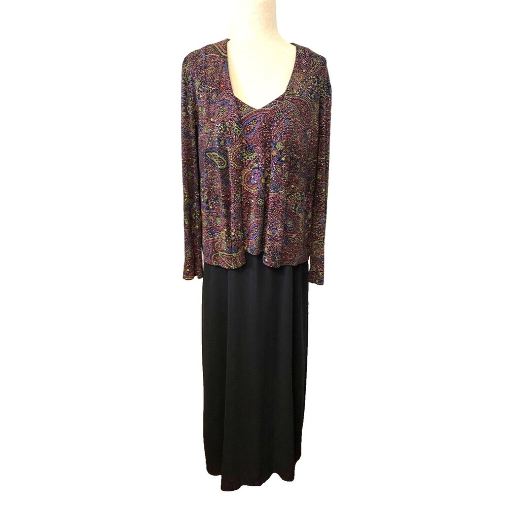 Vtg Alex Evenings Formal 2pc Gown Sz 12 Maxi Dress Paisley Sparkle Black Multi